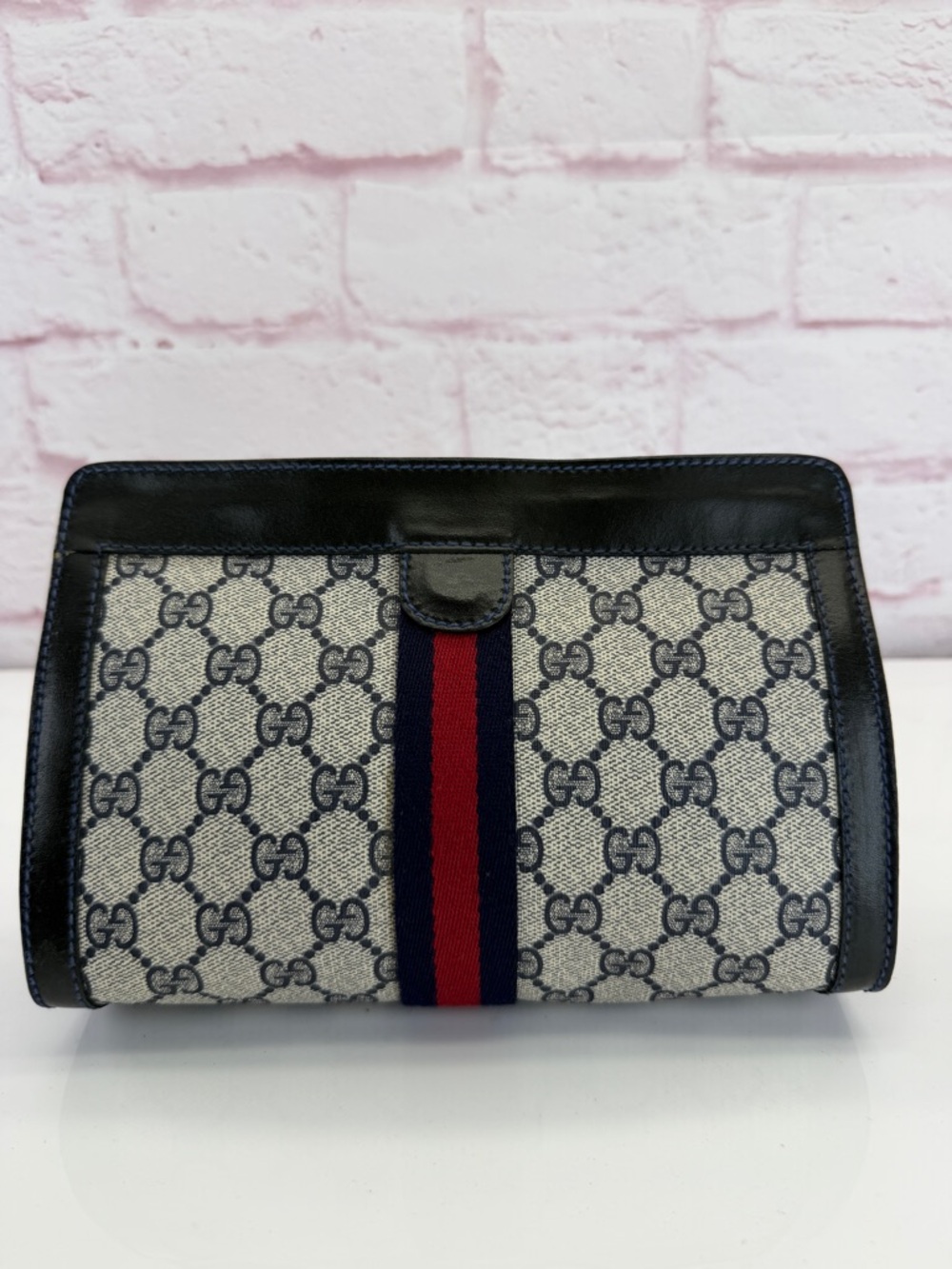 Gucci Vintage Sherry Line Navy-Red Stripe GG Supreme Canvas Clutch - Picture 2 of 11